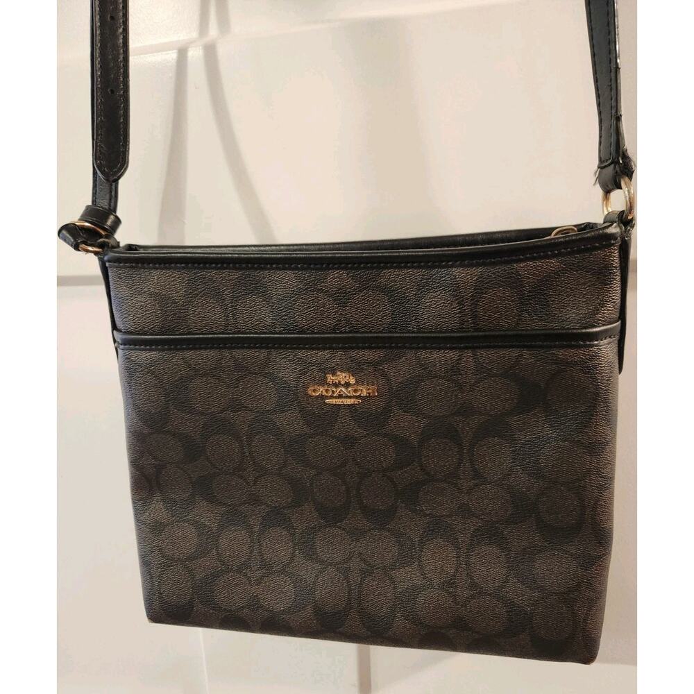 Auth COACH Signature Zip File Crossbody F29210 Dark Brown Black PVC Leather